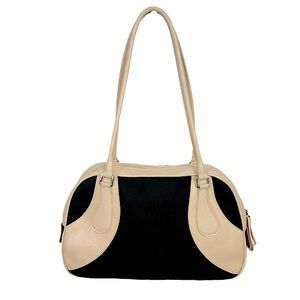 COCCINELLE Cream Leather Black Canvas Bowling Tote Shoulder Bag